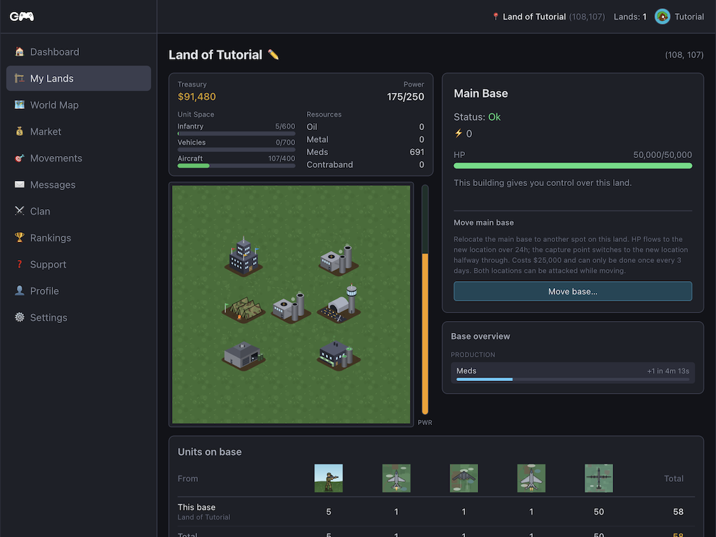 The land grid, power bar and build menu